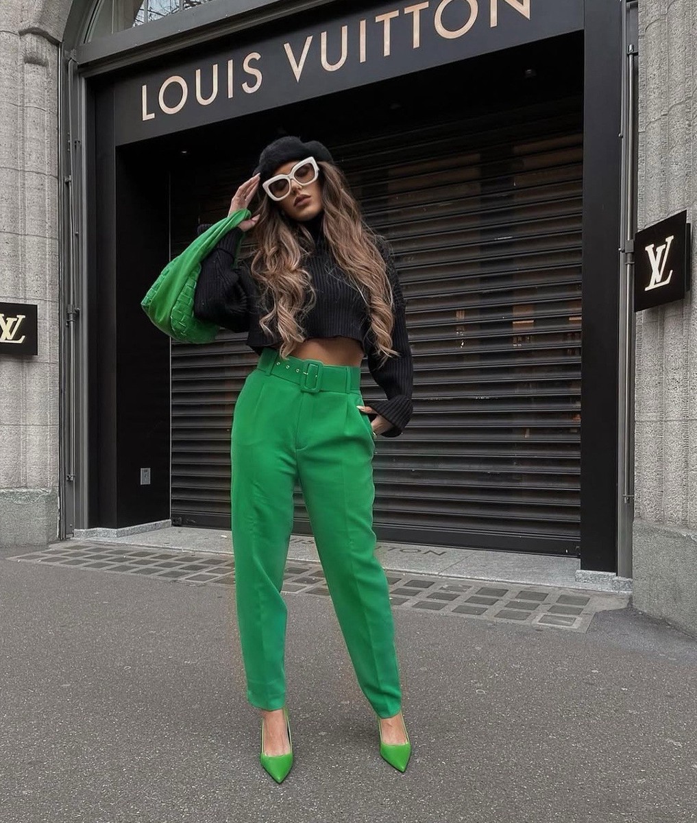 ZARA GREEN HIGH-WAIST TROUSERS With BELT Suit Extra SMALL XS