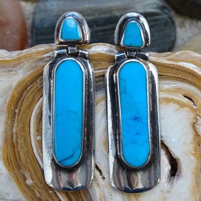 Vintage Southwestern Drop Dangle Pierced Earrings Blue-ish Turquoise Stone 925