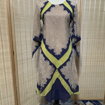 Silk Lace Romantic Dress Whimsical Goth Fierra Blue Yellow Fairy Sz Small BCBG?