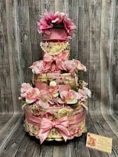 Baby Diaper Cake Tea Garden Floral Elegant Shower Centerpiece Gift Girl Pink