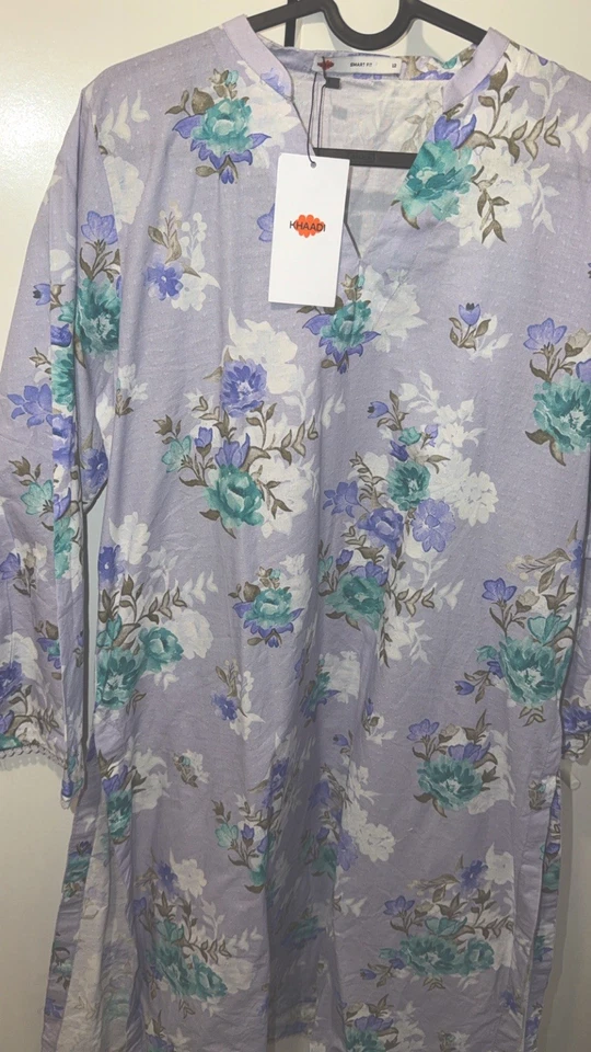 Khaadi Women's Long Floral Kurta Dress Purple V-Neck Long Sleeve Size 12 - Image 2 of 2