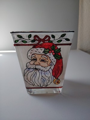 AMIA Handpainted Christmas Votive Candle Holder Santa Deer Stained Glass Style