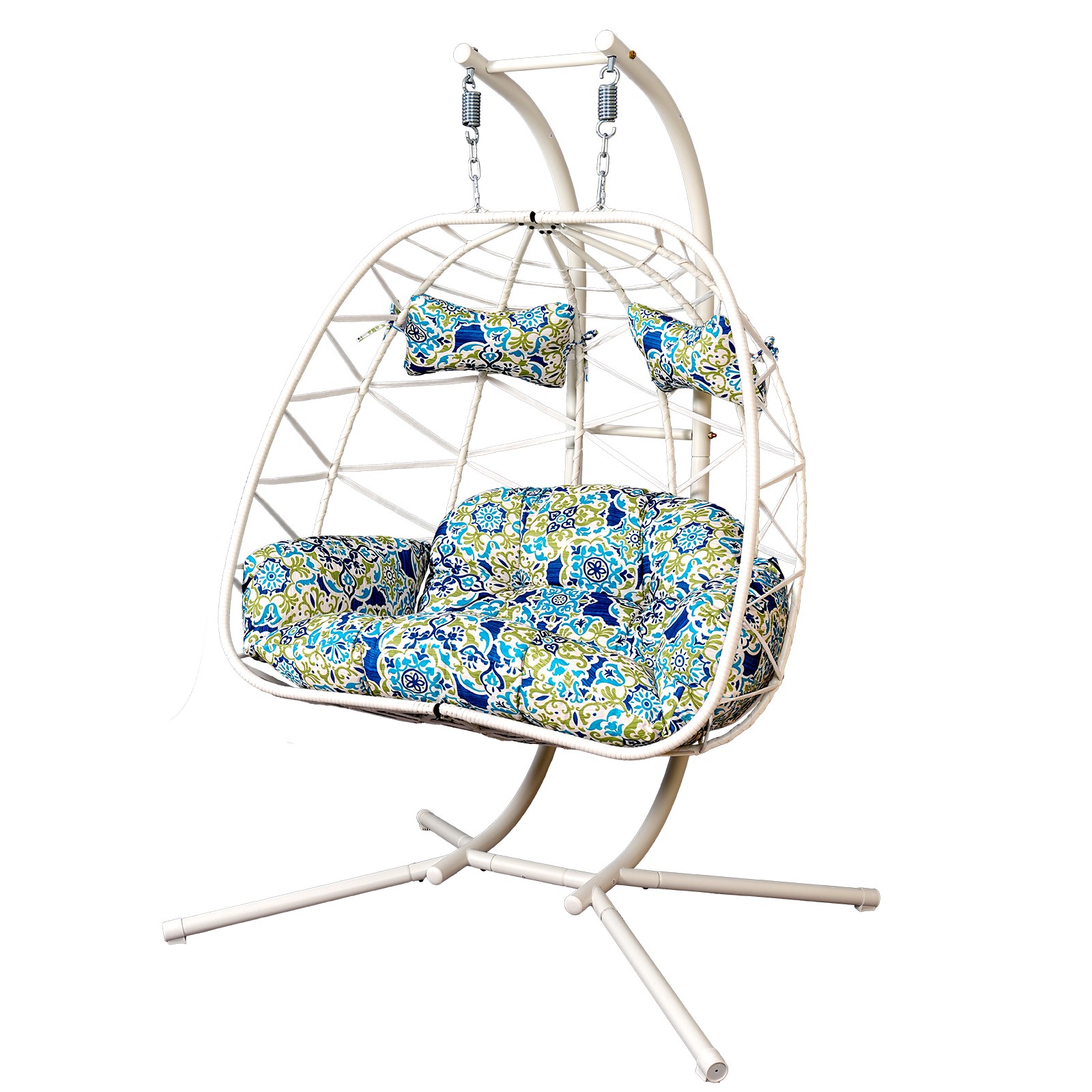 Double 2-Person Patio Hanging Chair Swing Wicker Egg Chair With Soft Cushion