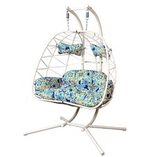 Double 2-Person Patio Hanging Chair Swing Wicker Egg Chair With Soft Cushion
