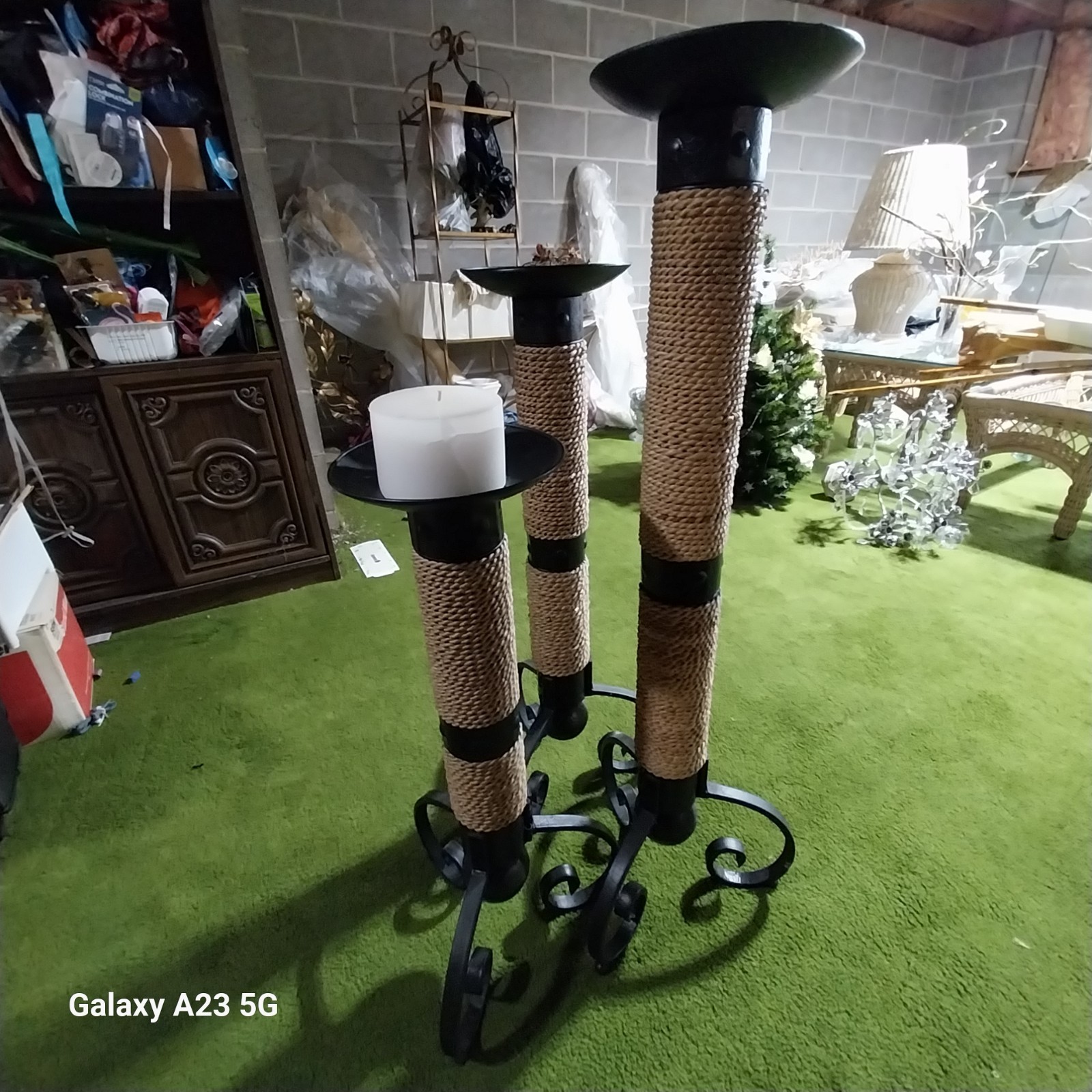 Set of 3 Large Floor Candlesticks Black Metal And Rope New