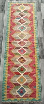 Kreide Handarbeit Afghan Türkisch Läufer Kelim Teppich, Azteken Wollteppich, Größe 199x62 CM