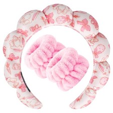 Spa Headband for Washing Face Wristband Set Sponge Makeup Skincare YE Pink Bow