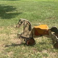 Vintage 1920 Wooden Pull Horse Toy on Wheels w/ Saddle Ages 1-3