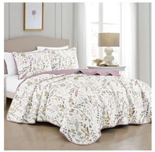 King Quilt Set Floral Beige French Country Cottage Breezy Modern Lightweight 3Pc