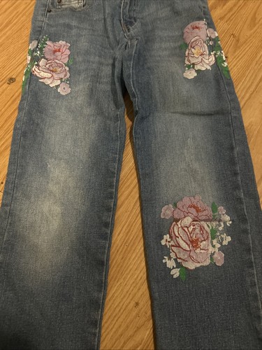 Route 66 Little Girls Size 8 Hand Painted Jeans Pink Roses On Denim Straight Leg - Picture 2 of 12
