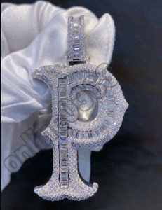 Authentic 4.29ct VVS1 Moissanite Men's Initial Big Pendant 14k White Gold Plated Silver