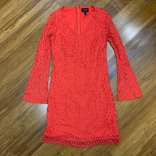 Laundry by Shelli Segal Dress Womens 2 Coral Red Lace Bell Sleeve Mini Cocktail