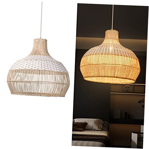 1 Light White Rattan Pendant Light, Wicker Hanging Ceiling Light 50x45cm