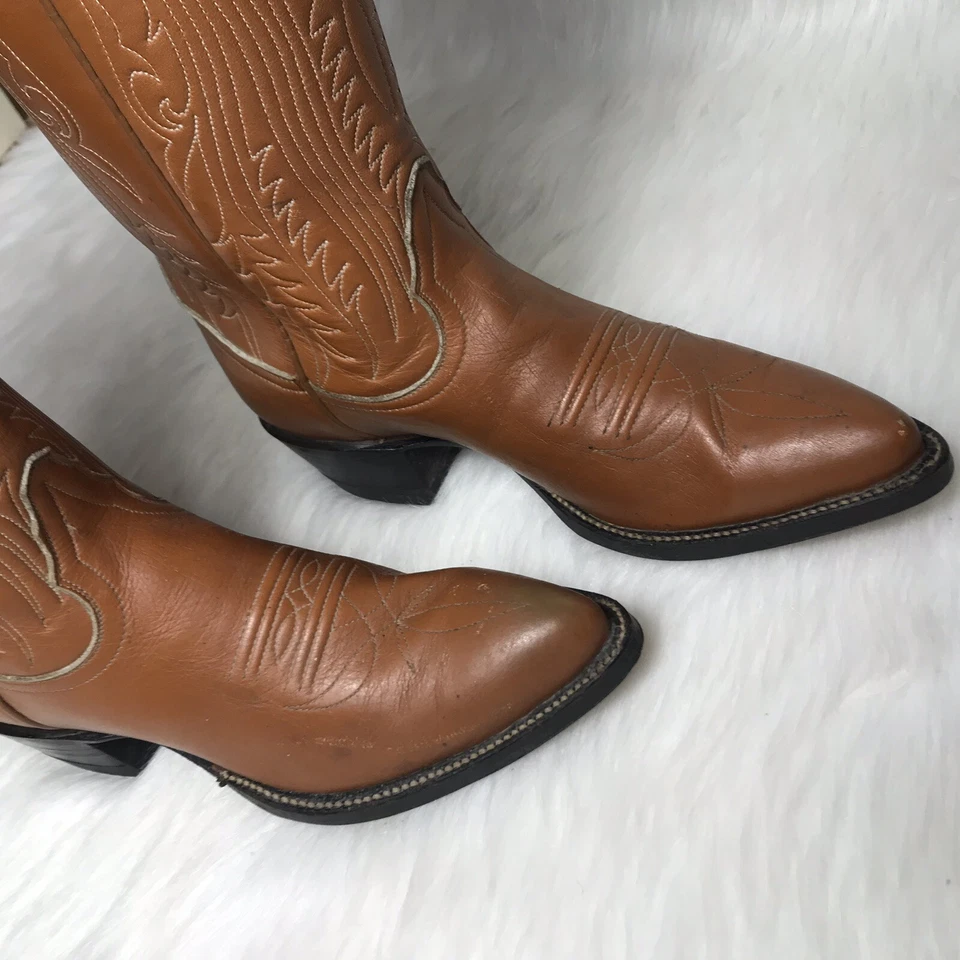 Tony Lama Womens 5 C Cowboy Cowgirl Boots Camel Brown Leather Tall Design J Toe - Image 2 of 4