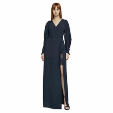 BCBG MAXAZRIA Navy Blue Koko Georgette Draped Sleeve Ruffle Faux Wrap Gown 6