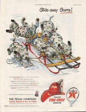 1953 Texaco PRINT AD Vintage Dalmatian Puppy Fun Glide Away Starts Sled Winter
