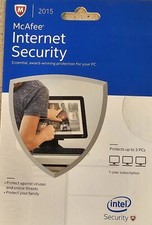 NEW McAfee Internet Security 2015 - 3 PCs 1 Year protection. No CD Drive Needed