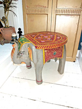 VINTAGE STYLE INDIAN HAND PAINTED SOLID WOOD ELEPHANT STOOL / TABLE