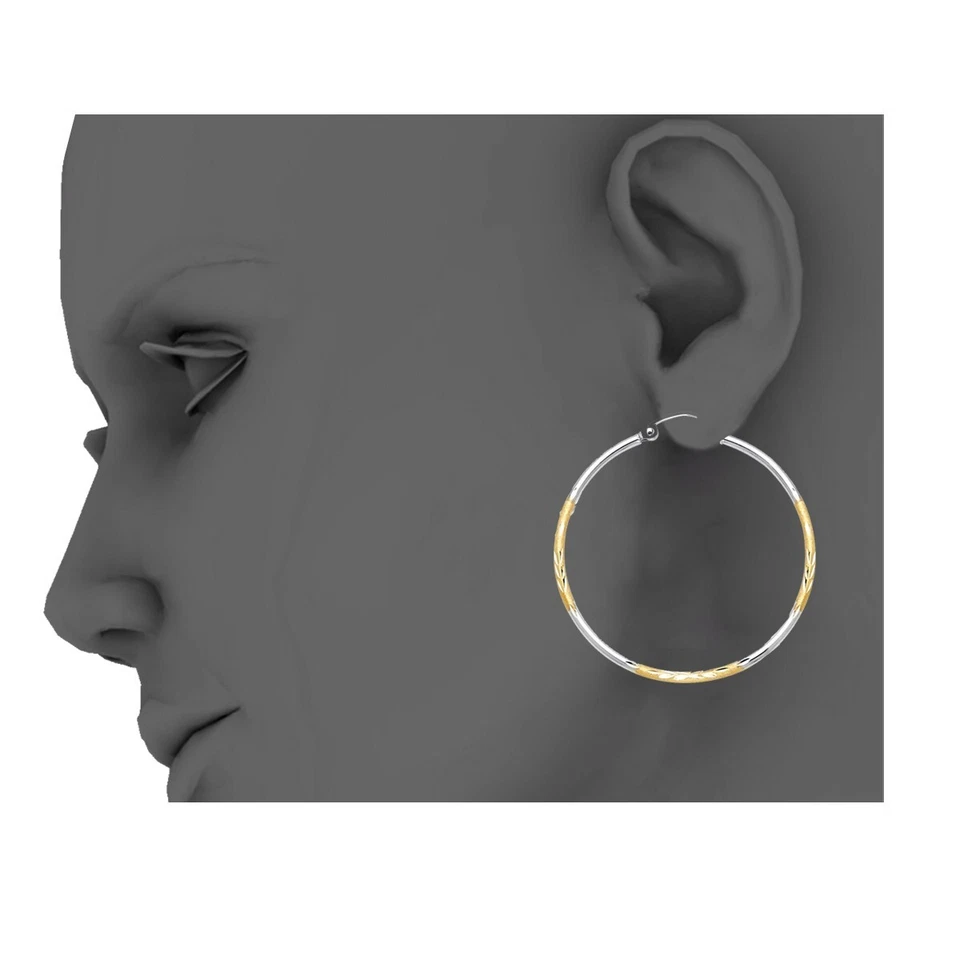 14K Two Tone Gold Diamond Cut Hoop Earrings For Girl - Image 2 of 4