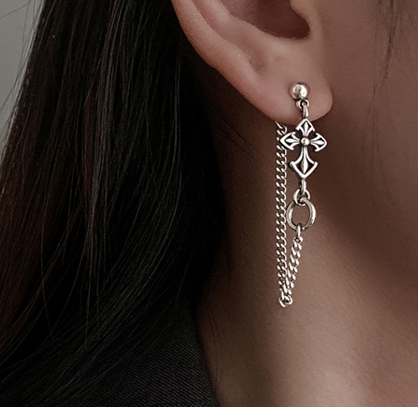 A Pair Retro Sterling Silver Cross Dangle Stud Earrings Hanging Tassel Chain K65