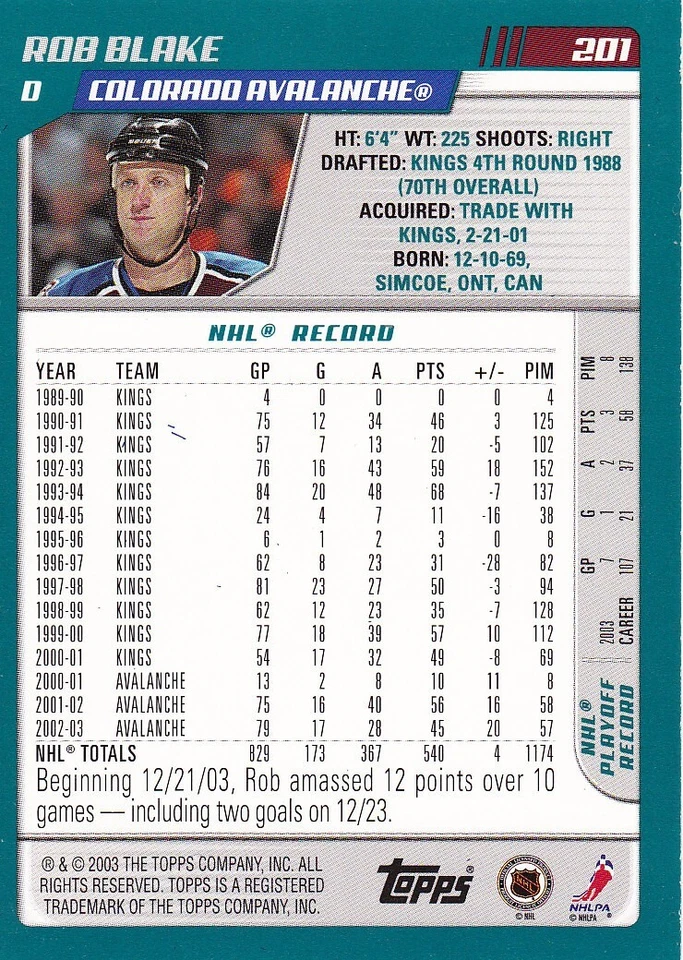 2003-04 Topps Blue #201 ROB BLAKE  404/500  Colorado Avalanche - Image 2 of 2