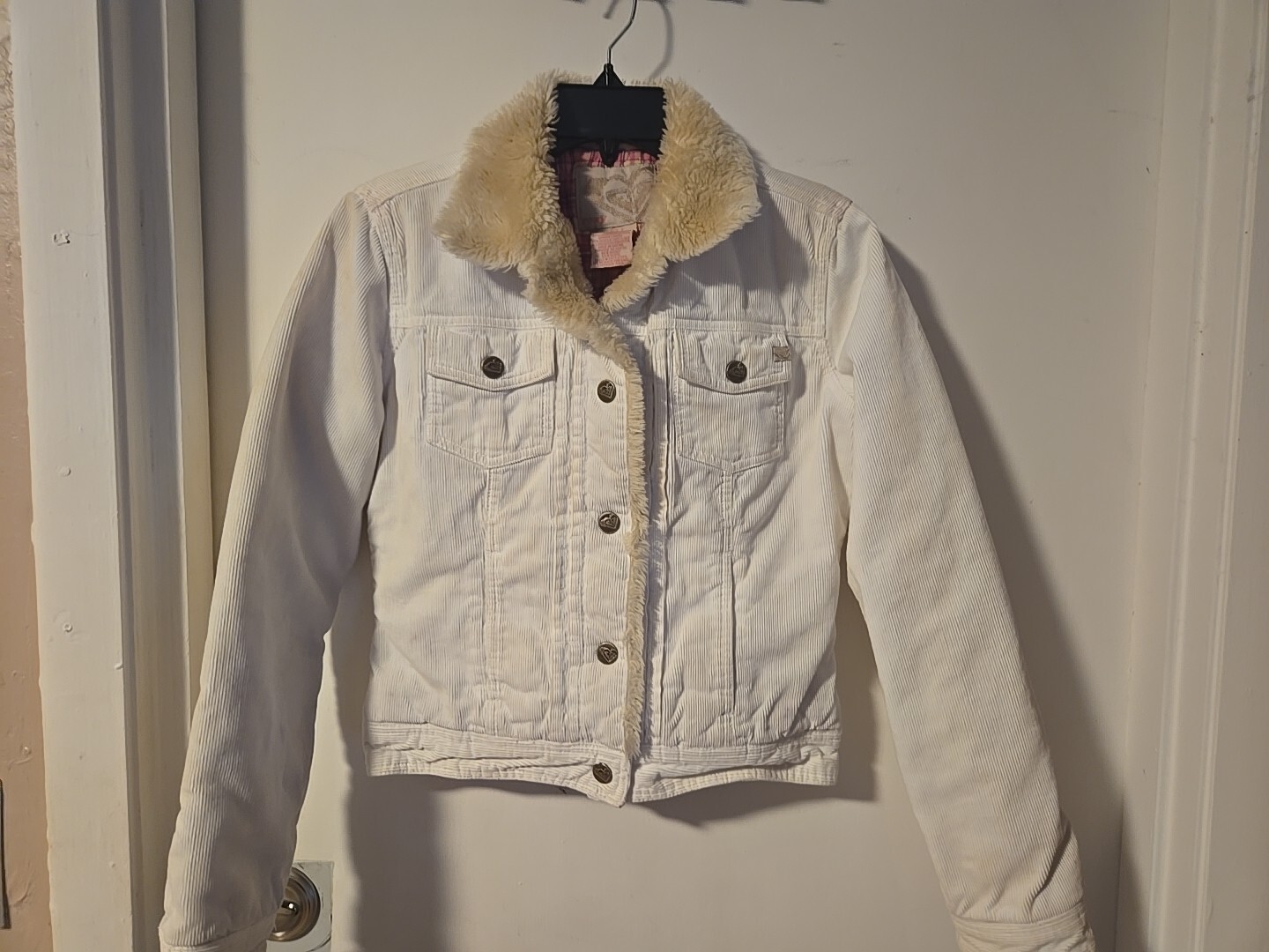 vintage y2k Roxy 100% cotton CORDUROY jean style coat with faux fur collar Small