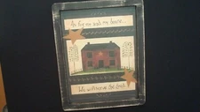 Prim Country Print *BURGUNDY SALTBOX HOUSE* black hand made frame  9 1/2 " x 12"