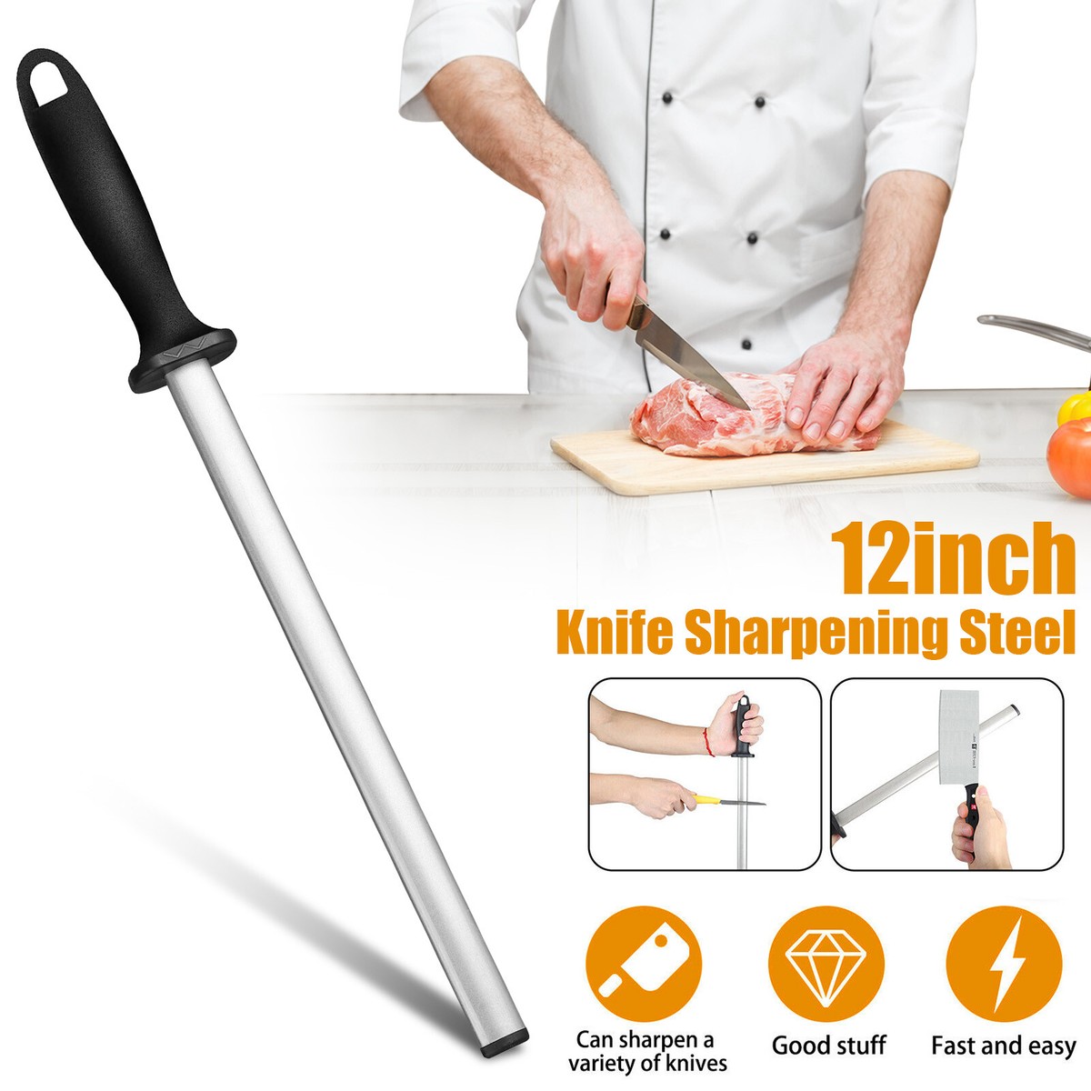 12in Diamond Knife Sharpener Steel Honing Rod Chef Kitchen Home 