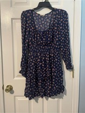Navy Floral Long-Sleeve Tiered Midi Dress