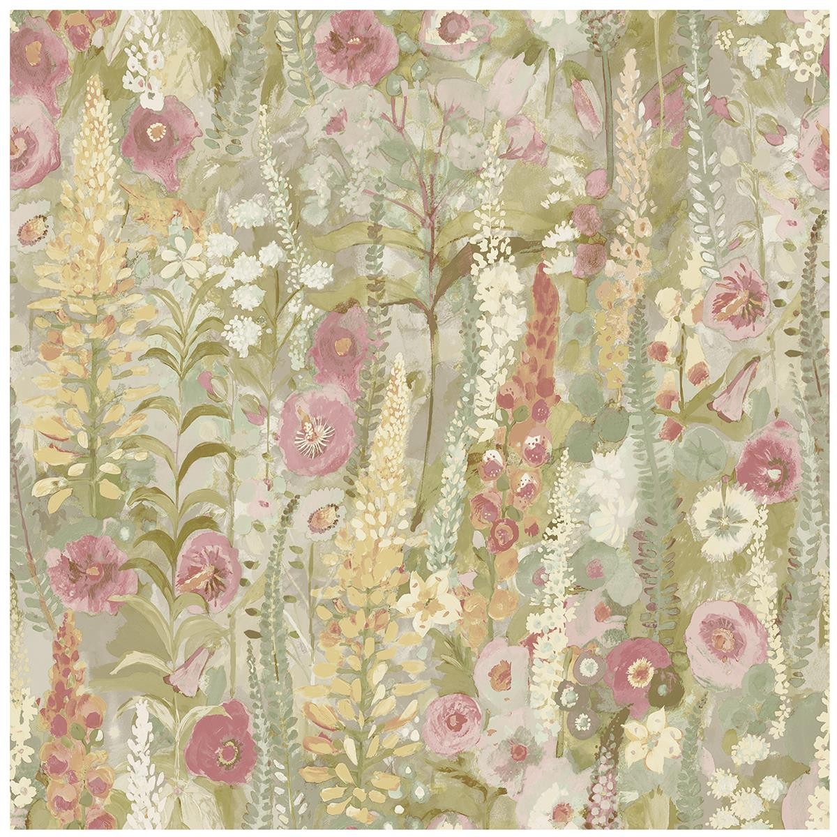 Watercolour Floral Wallpaper Lupin Sage Green Pink Red Yellow Flower Home Decor