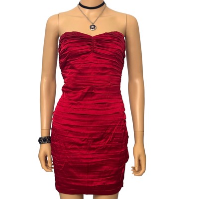 Express Strapless Dress Sz 6 Red Ruched Satin Bodycon Y2K Glam Cocktail Sexy