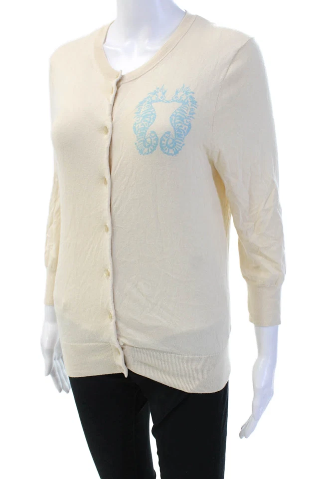 Cárdigan J Crew Mujer Beige Algodón Botón Manga 3/4 Estampado Animal Talla M Foto 2 de 4