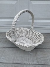 Vintage White Oval Wicker Basket Large Handle Farmhouse Ester Decor 19  Cottage