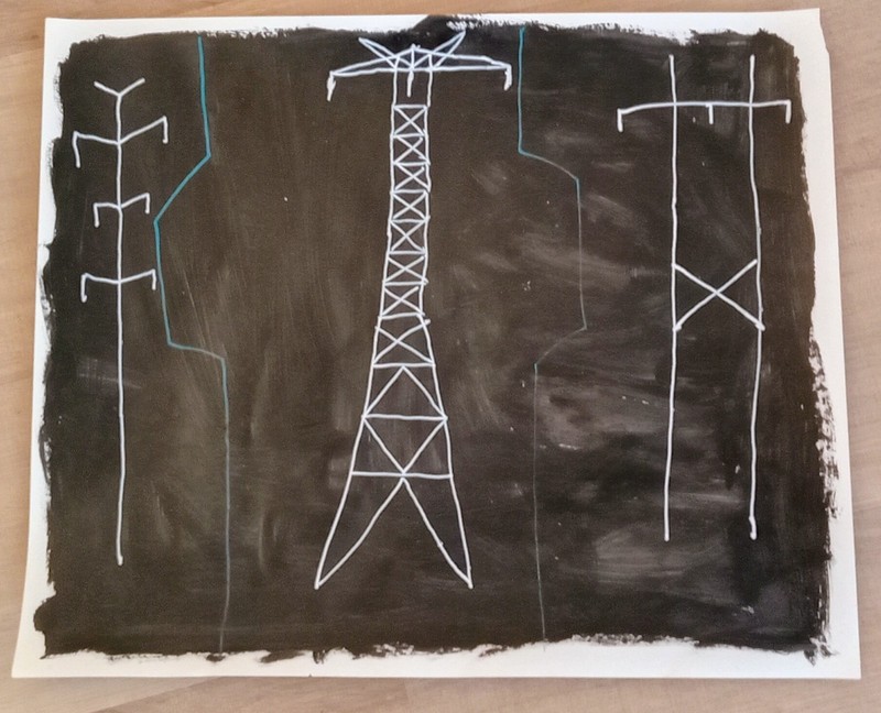 Original 14 by 17-inch Abstract Mixed Media Painting Transmission Towers