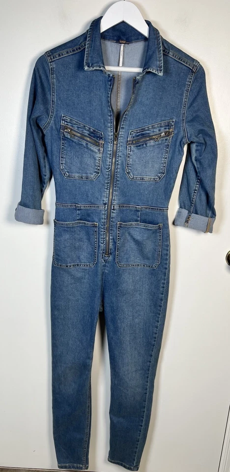 Mono Lennox FREE PEOPLE Talla Pequeña Manga Larga Cremallera Frontal Azul Denim Elástico Foto 3 de 4