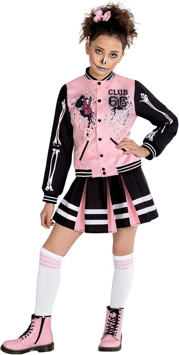 Costume da cheerleader zombie, per Halloween, da bambina, colore: blu, con pompon blu, sangue finto, pittura facciale, costume di Halloween per ragazze