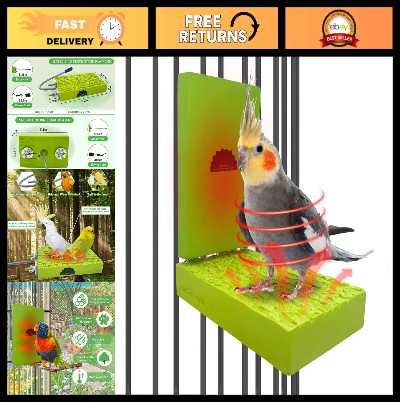 2-Pack Bird Cage Heater Warmer Perch Stand for Parrots, Conures, Hamsters & More