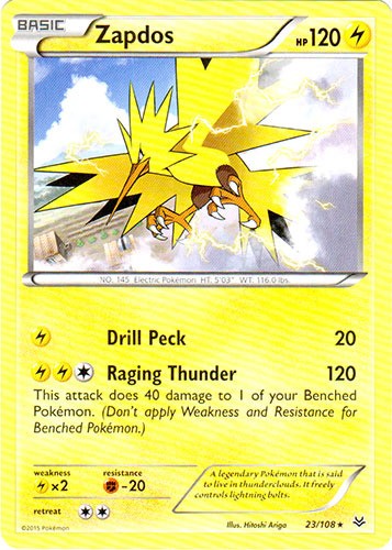 Zapdos - 23/108 - Rare LP, English Pokemon Roaring Skies