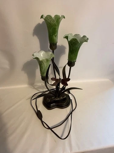 VTG Tiffany Style Luminarie Table Lamp Brass Green Tulips & Red Dragonfly 21"