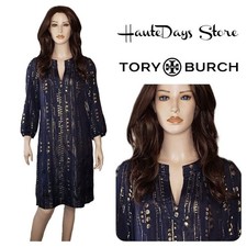 Chic Tory Burch Tunic Shift Dress Navy Blue & Gold Metallic Day Evening Silk W 4