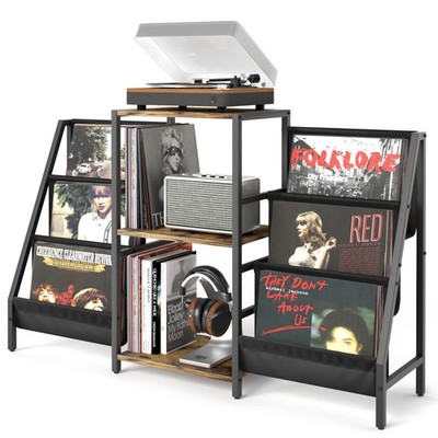 Record Player Stand with Vinyl Storage, Two-side storage-Black&Brown 