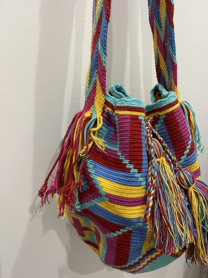 EUC Mochila Wayuu Woven Handmade Hobo Purse Satchel Bucket Bag Pompom Crossbody - Image 3 of 4