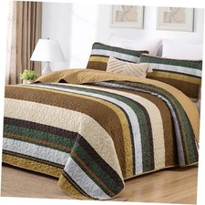 Quilt Set Size, Boho Fall Bedspread, Striped Bedding Sets 3 Queen Brown