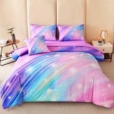 6 Pcs Rainbow Girls Bedding Set Twin, Glitter Galaxy Comforter Set with Sheet...
