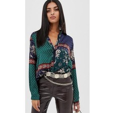 Image of PrettyLittleThing NWT Paisley Print Oversized Shirt Button Down Long Sleeve 10