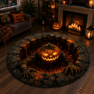 3D Skeleton Halloween Rug, Round Spooky Area Rug, Optical Illusion Floor Mat