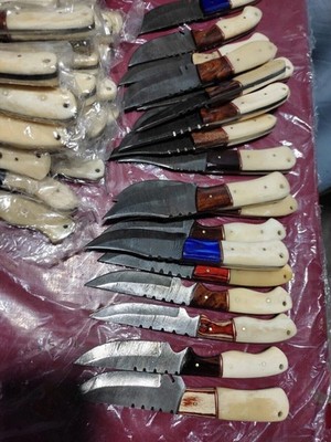 LOT OF 10, 8 inches Handmade Damascus Steel Skinner Knives in Bone + Sheath