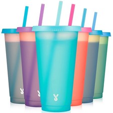 Meoky Plastic Cute Cold Cups with Lids 6 Count (Pack of 1), Solid- 6