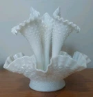 VINTAGE FENTON MILK GLASS DIAMOND LACE HOBNAIL RUFFLED 3 HORN EPERGNE VASE 🤍 EC