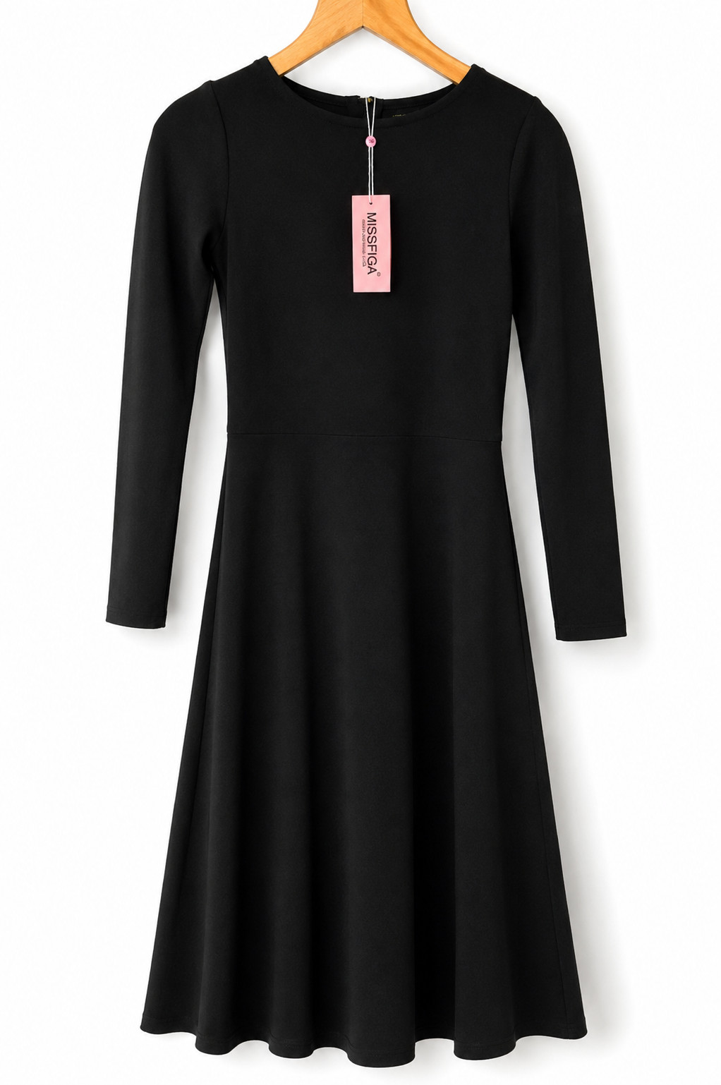 Vestido midi skater elástico negro manga larga calce y acampanado Missfiga para mujer nuevo con etiquetas